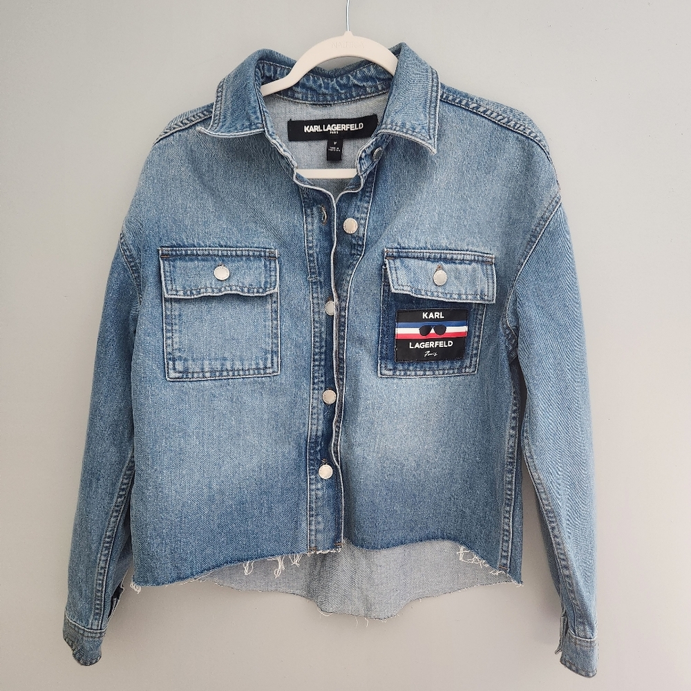 Karl Lagerfeld Paris Jean Denim Jacket Shirt Shacket Raw Hem Cut Off (NWOT)